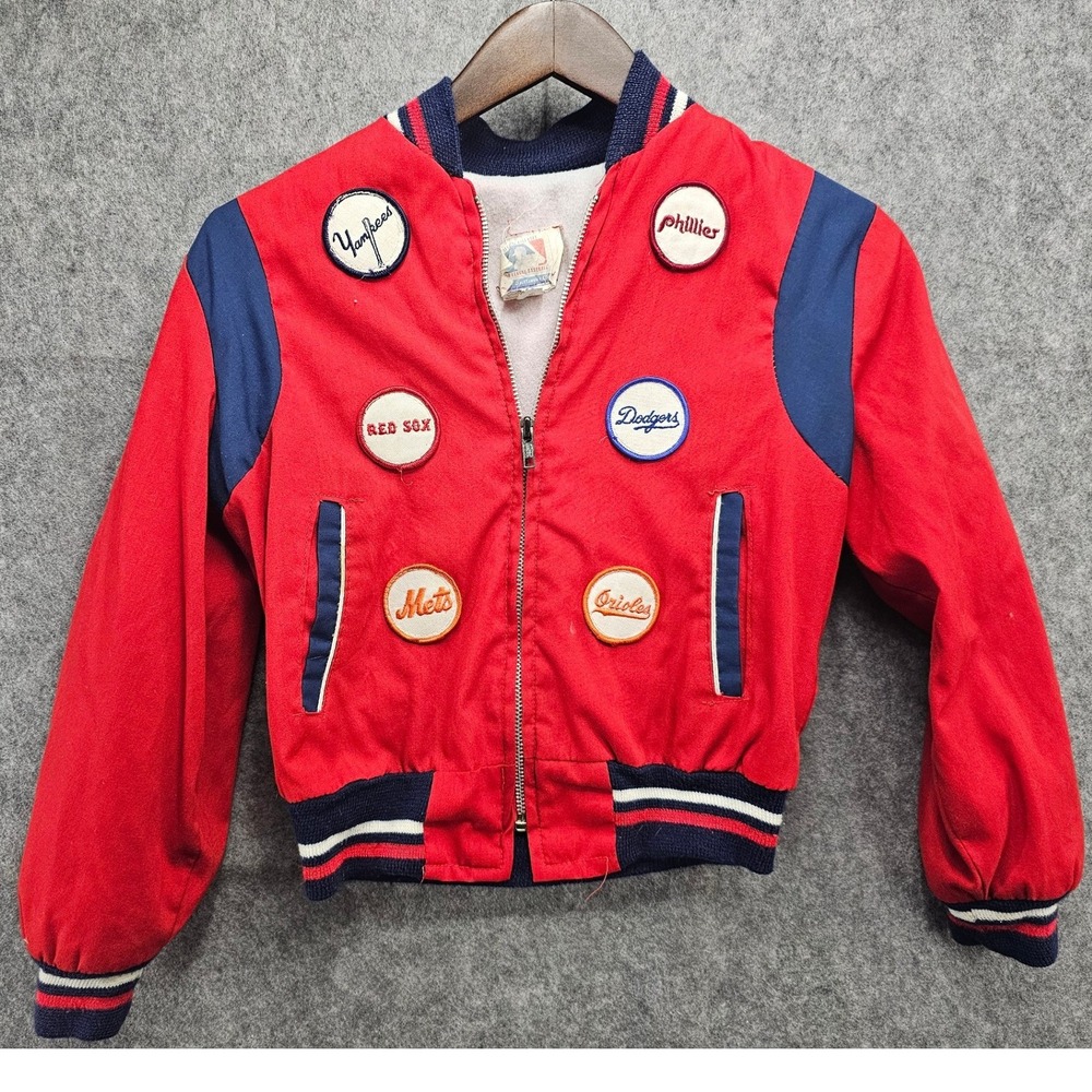 Vintage‎ MLB Kids Red Varsity Bomber Jacket Team Patches Yankees Dodgers Size 12